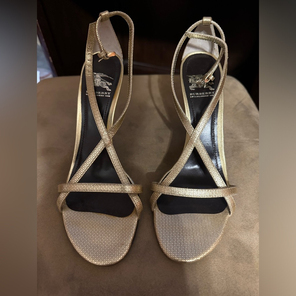 Burberry Gold Strappy Sandals.